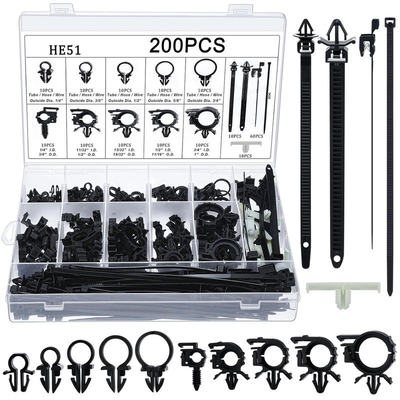 Funnymoom 200pcs Car Wire Loom Routing Clips Push Mount Cable Tie Assortment 15 Sizes Cable Zip Tie with Car Wire Loom Routing Clips Universal Wiring Harness Clip Replacement Parts for Automotive - Image 1